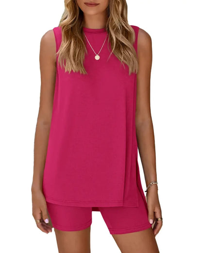 Women’s Sleeveless 2-Piece Summer Lounge Set – Split-Hem Shorts