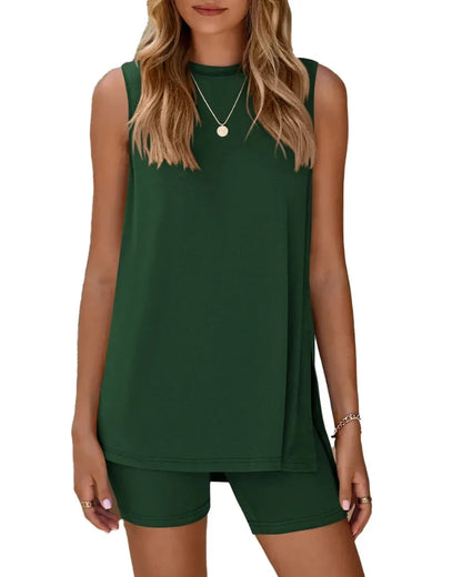 Women’s Sleeveless 2-Piece Summer Lounge Set – Split-Hem Shorts