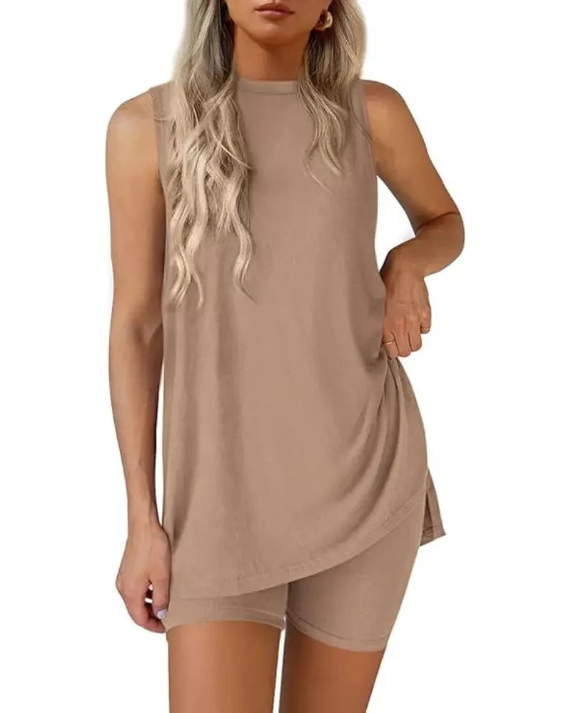 Women’s Sleeveless 2-Piece Summer Lounge Set – Split-Hem Shorts
