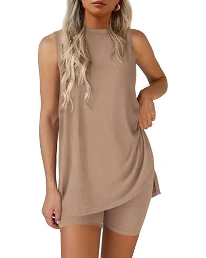 Women’s Sleeveless 2-Piece Summer Lounge Set – Split-Hem Shorts
