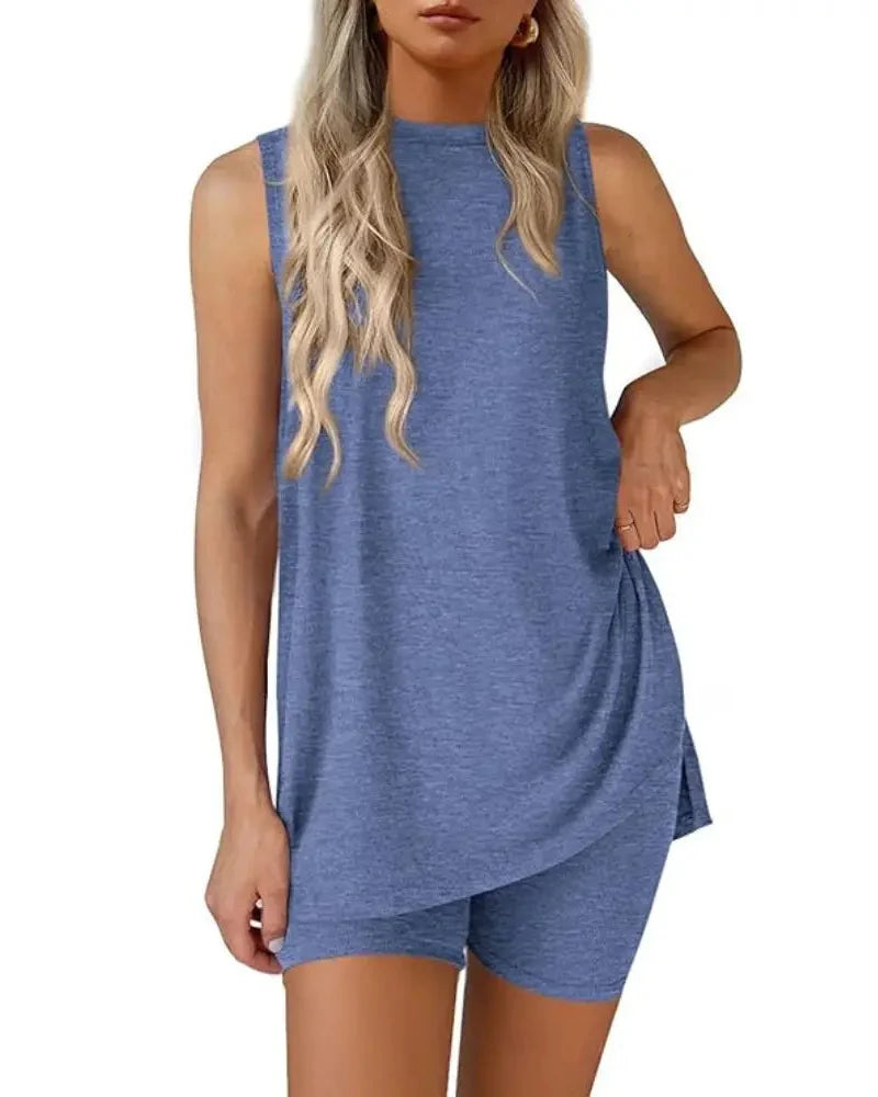 Women’s Sleeveless 2-Piece Summer Lounge Set – Split-Hem Shorts