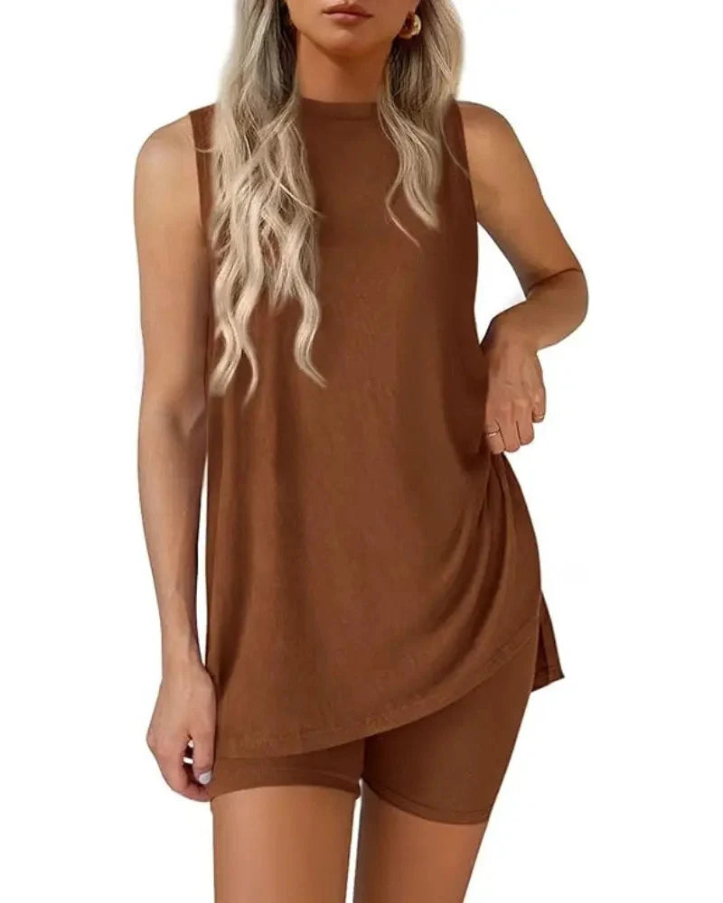 Women’s Sleeveless 2-Piece Summer Lounge Set – Split-Hem Shorts