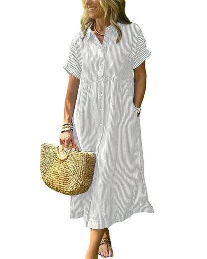 Women’s Midi Striped Shirt Dress – Boho Side Slit, Summer Sundress
