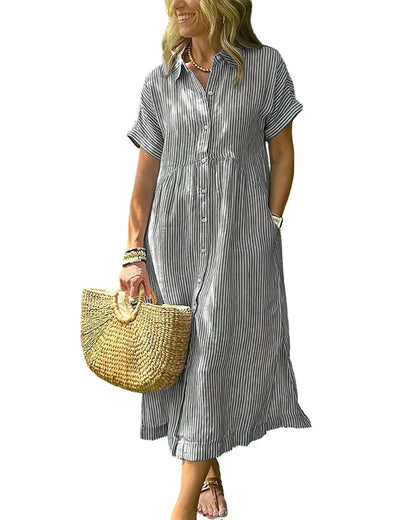 Women’s Midi Striped Shirt Dress – Boho Side Slit, Summer Sundress