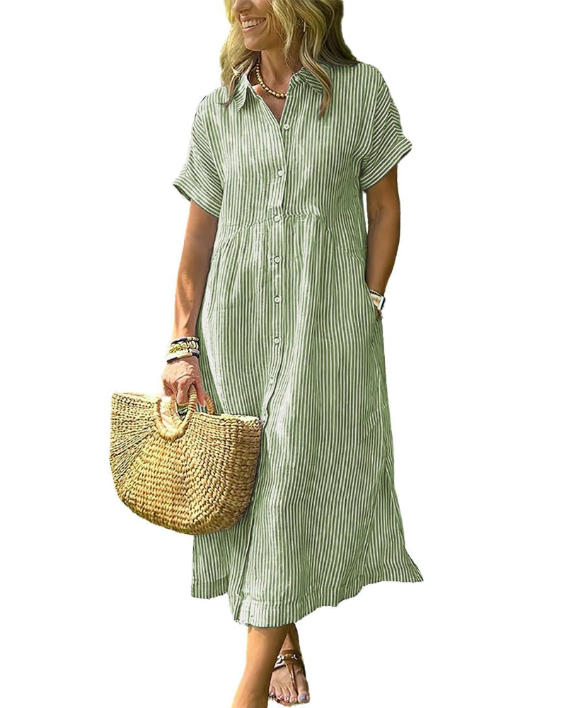 Women’s Midi Striped Shirt Dress – Boho Side Slit, Summer Sundress