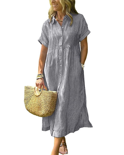 Women’s Midi Striped Shirt Dress – Boho Side Slit, Summer Sundress