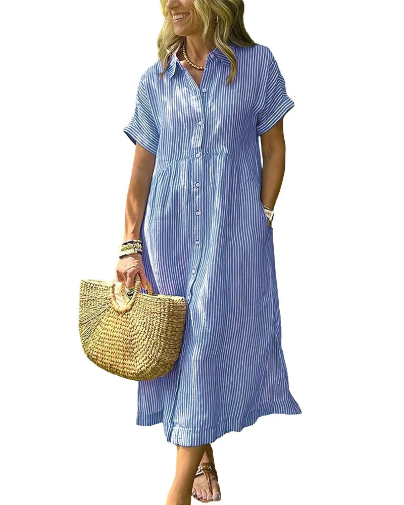 Women’s Midi Striped Shirt Dress – Boho Side Slit, Summer Sundress