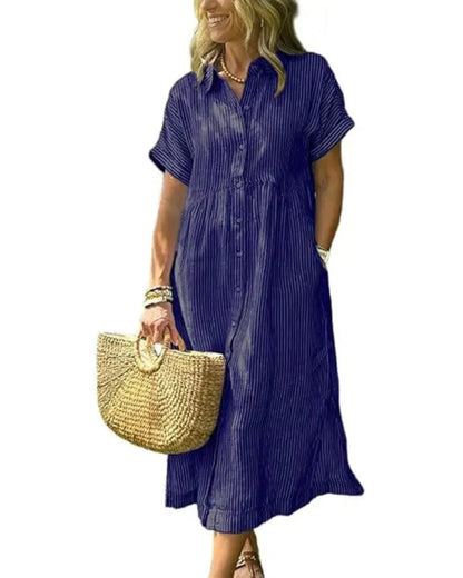 Women’s Midi Striped Shirt Dress – Boho Side Slit, Summer Sundress