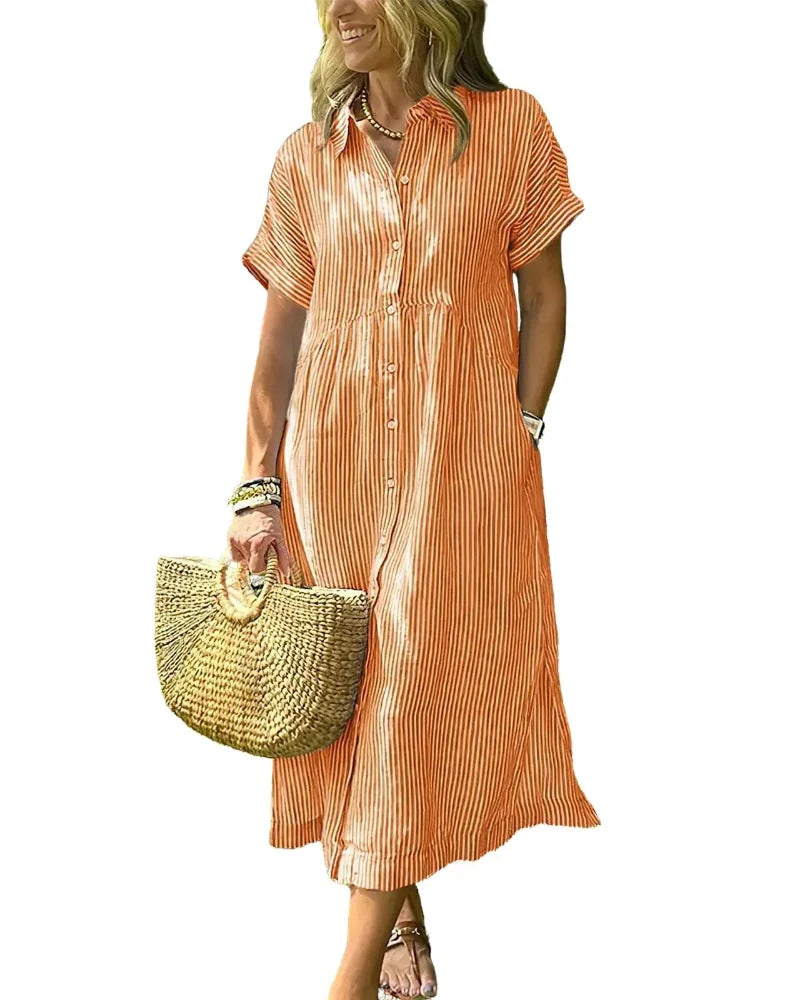 Women’s Midi Striped Shirt Dress – Boho Side Slit, Summer Sundress