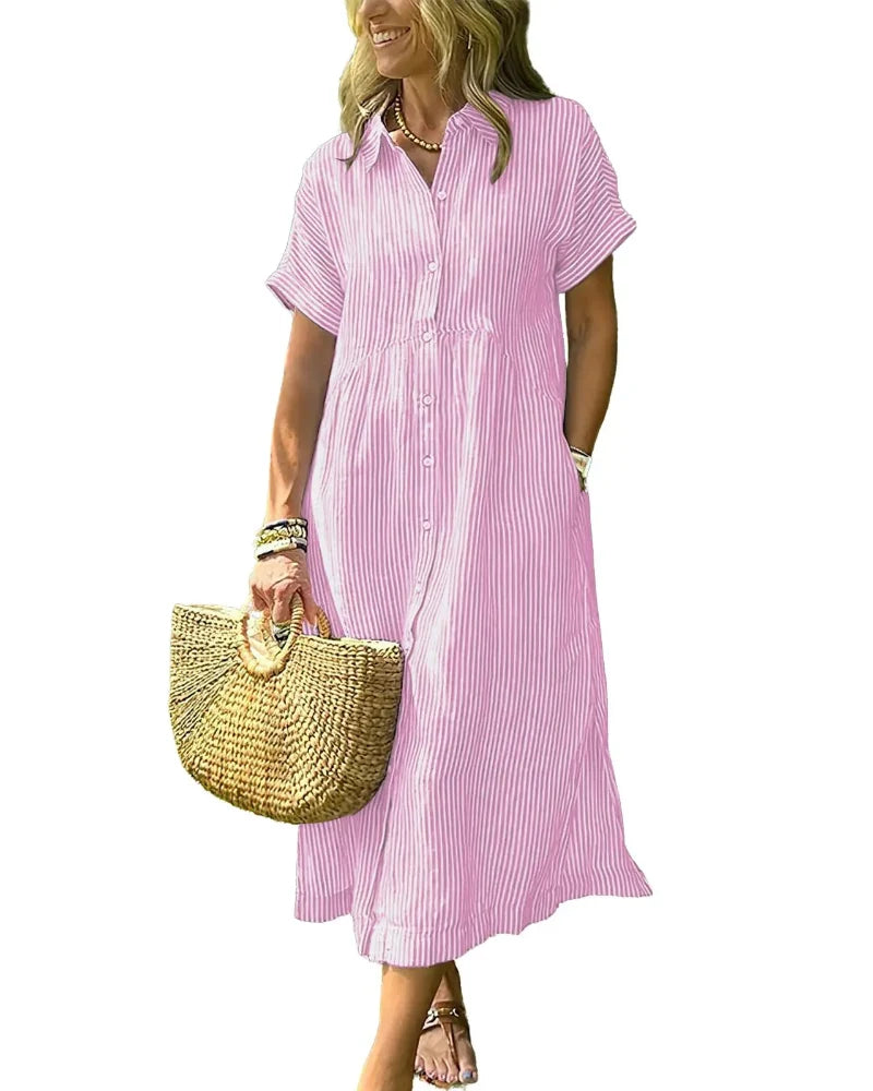 Women’s Midi Striped Shirt Dress – Boho Side Slit, Summer Sundress