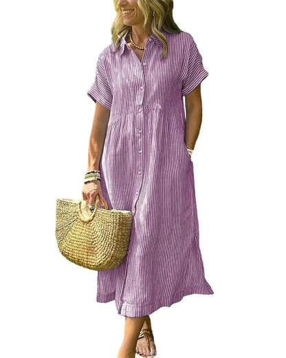 Women’s Midi Striped Shirt Dress – Boho Side Slit, Summer Sundress