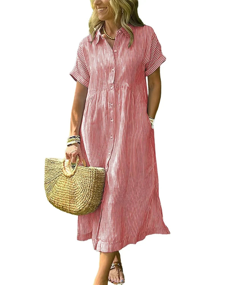 Women’s Midi Striped Shirt Dress – Boho Side Slit, Summer Sundress