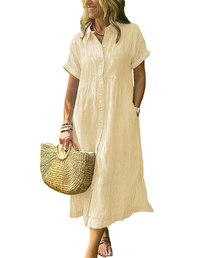 Women’s Midi Striped Shirt Dress – Boho Side Slit, Summer Sundress