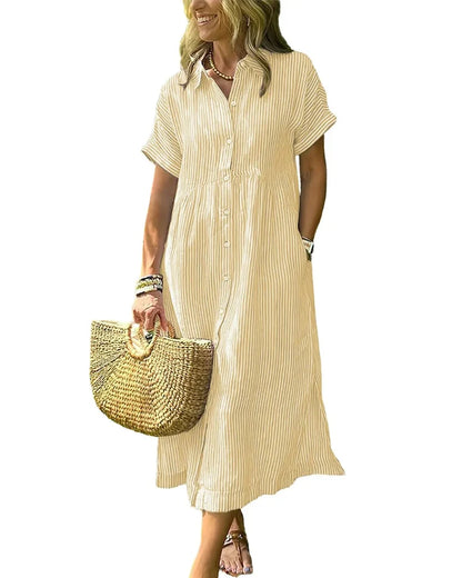Women’s Midi Striped Shirt Dress – Boho Side Slit, Summer Sundress