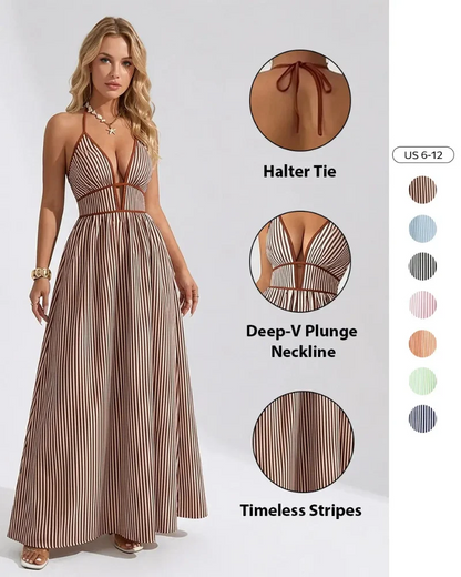 Women’s Pinstripe V-Neck Halter Maxi Dress – Summer Beachwear