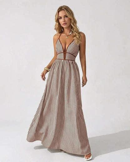 Women’s Pinstripe V-Neck Halter Maxi Dress – Summer Beachwear