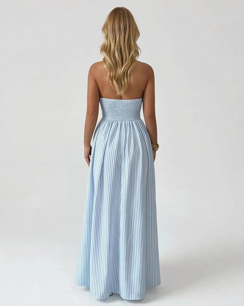 Women’s Pinstripe V-Neck Halter Maxi Dress – Summer Beachwear