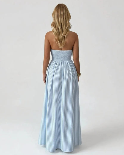 Women’s Pinstripe V-Neck Halter Maxi Dress – Summer Beachwear