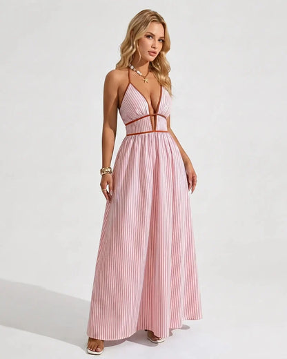 Women’s Pinstripe V-Neck Halter Maxi Dress – Summer Beachwear