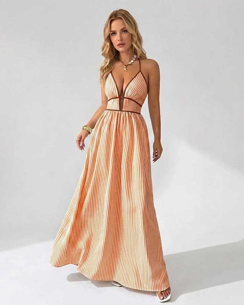 Women’s Pinstripe V-Neck Halter Maxi Dress – Summer Beachwear