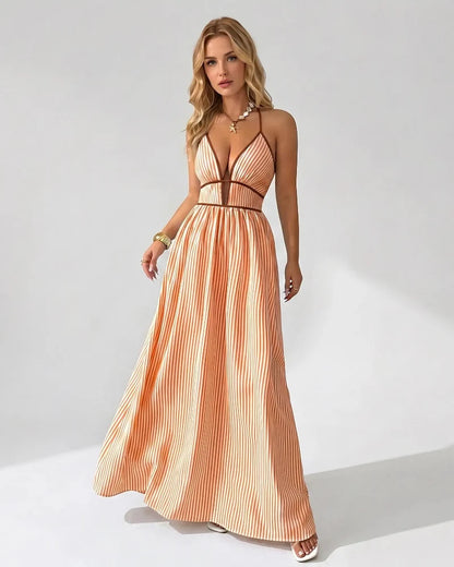 Women’s Pinstripe V-Neck Halter Maxi Dress – Summer Beachwear