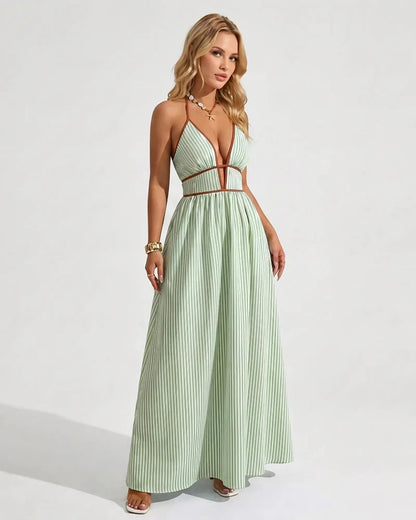 Women’s Pinstripe V-Neck Halter Maxi Dress – Summer Beachwear
