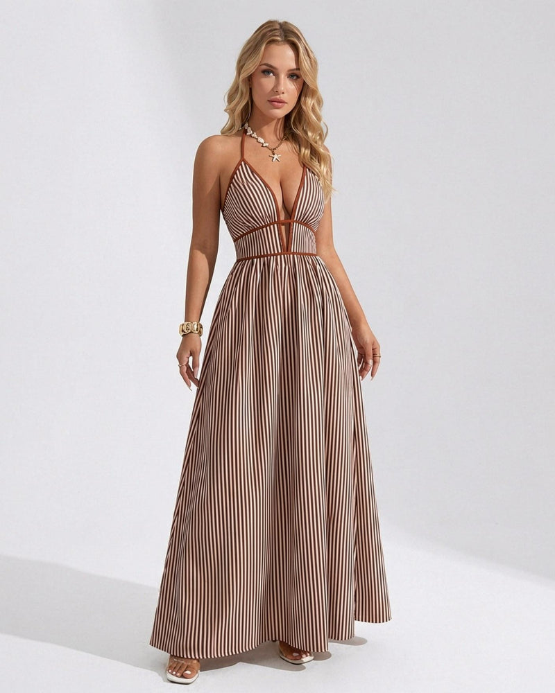 Women’s Pinstripe V-Neck Halter Maxi Dress – Summer Beachwear