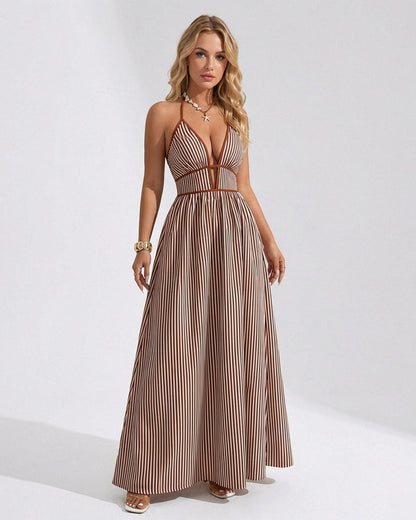 Women’s Pinstripe V-Neck Halter Maxi Dress – Summer Beachwear