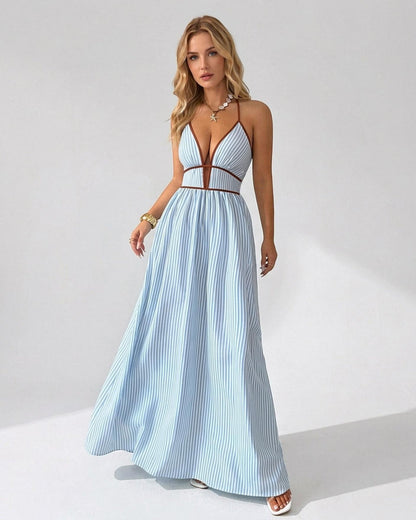 Women’s Pinstripe V-Neck Halter Maxi Dress – Summer Beachwear
