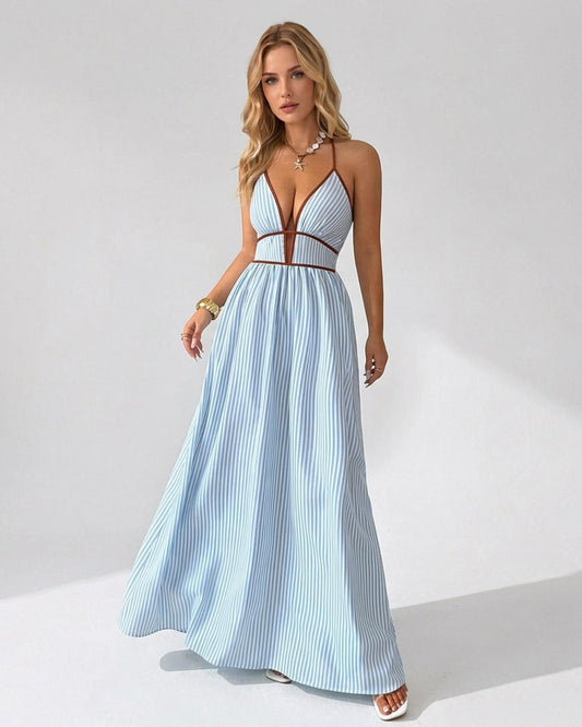 Women’s Pinstripe V-Neck Halter Maxi Dress – Summer Beachwear