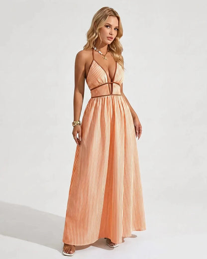 Women’s Pinstripe V-Neck Halter Maxi Dress – Summer Beachwear