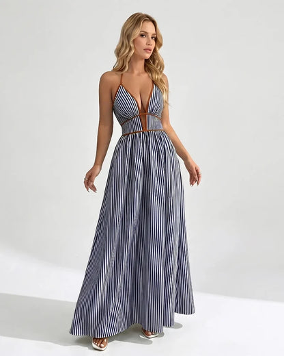 Women’s Pinstripe V-Neck Halter Maxi Dress – Summer Beachwear