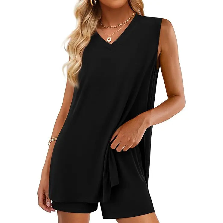 Women’s Sleeveless 2-Piece Summer Lounge Set – Split-Hem Shorts