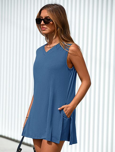 Women’s Sleeveless 2-Piece Summer Lounge Set – Split-Hem Shorts