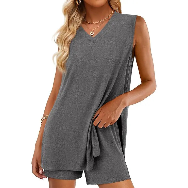 Women’s Sleeveless 2-Piece Summer Lounge Set – Split-Hem Shorts