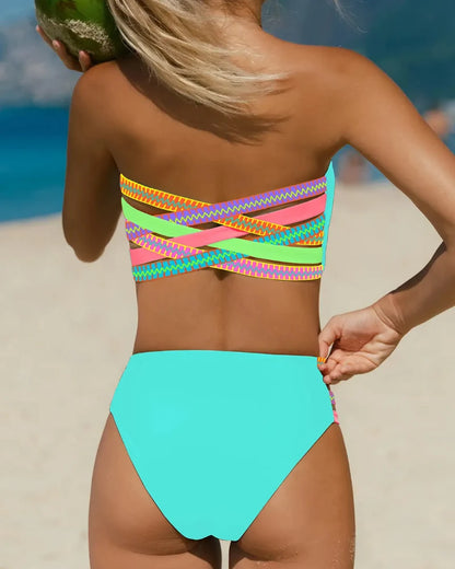Colorful Stretchy Bikini Set – High-Waist Bottom with Removable Strap