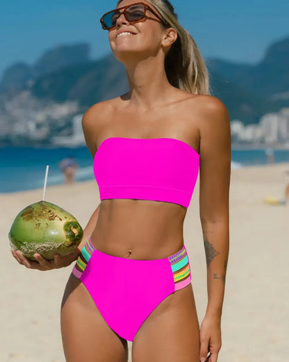 Colorful Stretchy Bikini Set – High-Waist Bottom with Removable Strap