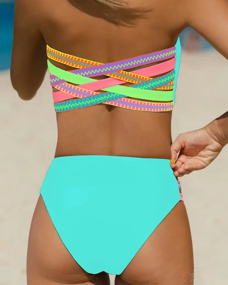 Colorful Stretchy Bikini Set – High-Waist Bottom with Removable Strap