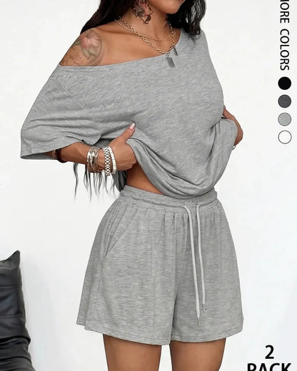 Women's Off-Shoulder Tee Wide-Leg Pants 2P Set