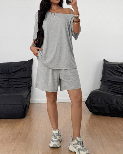 Women's Off-Shoulder Tee Wide-Leg Pants 2P Set
