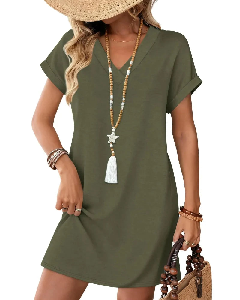 Summer 2026 Women’s V-Neck Casual Short Sleeve Dress Beach Wedding Vacation Wear