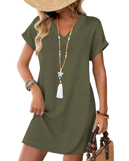 Summer 2026 Women’s V-Neck Casual Short Sleeve Dress Beach Wedding Vacation Wear