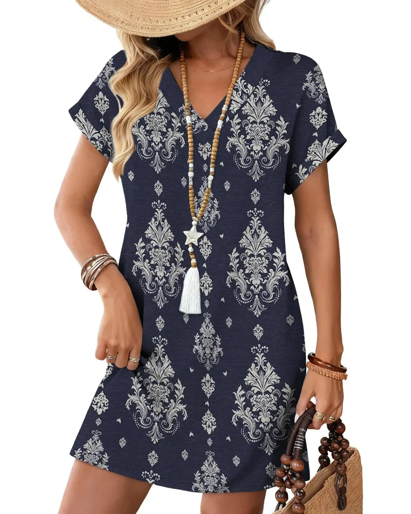 Summer 2026 Women’s V-Neck Casual Short Sleeve Dress Beach Wedding Vacation Wear