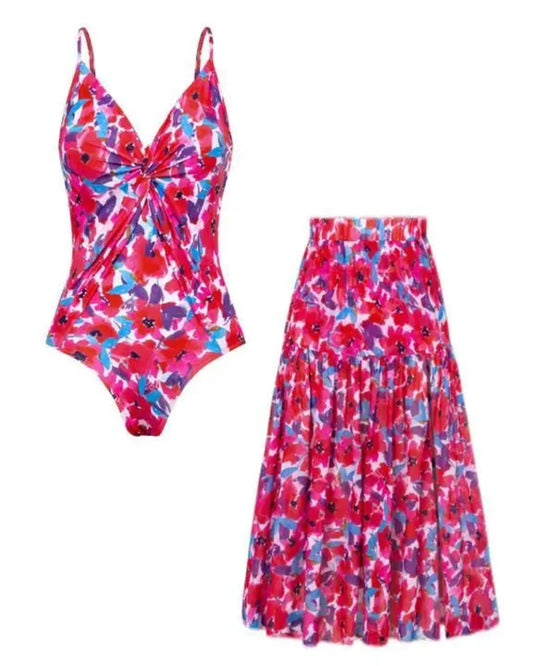 Women’s V-Neck 2-Piece Swim Set with Cover-Up Skirt