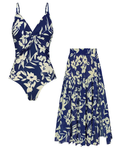 Women’s V-Neck 2-Piece Swim Set with Cover-Up Skirt