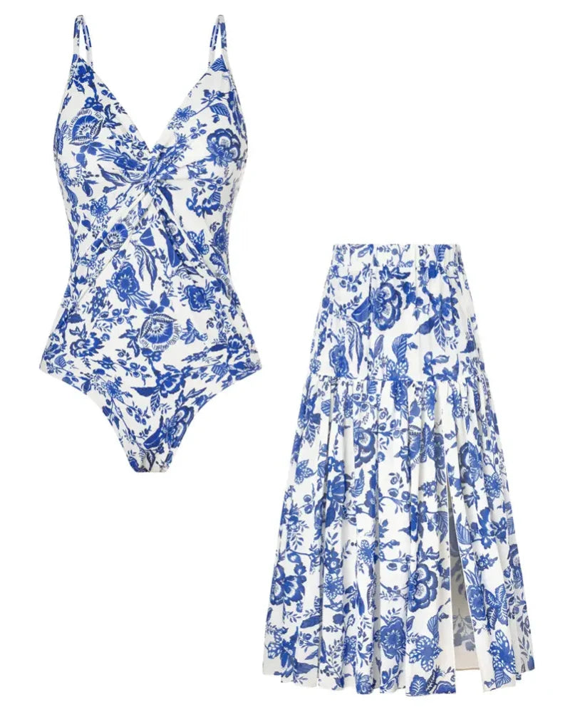 Women’s V-Neck 2-Piece Swim Set with Cover-Up Skirt