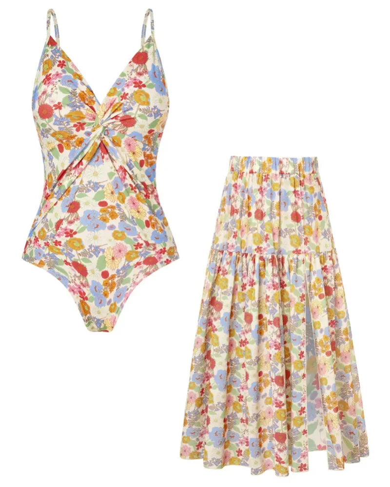 Women’s V-Neck 2-Piece Swim Set with Cover-Up Skirt