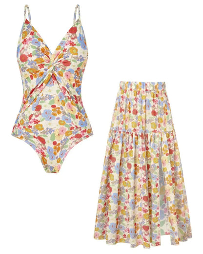 Women’s V-Neck 2-Piece Swim Set with Cover-Up Skirt