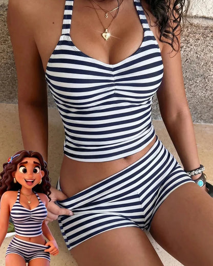 Striped Tankini – Halter Crop Top & Boyshorts Beach Vacation Sporty