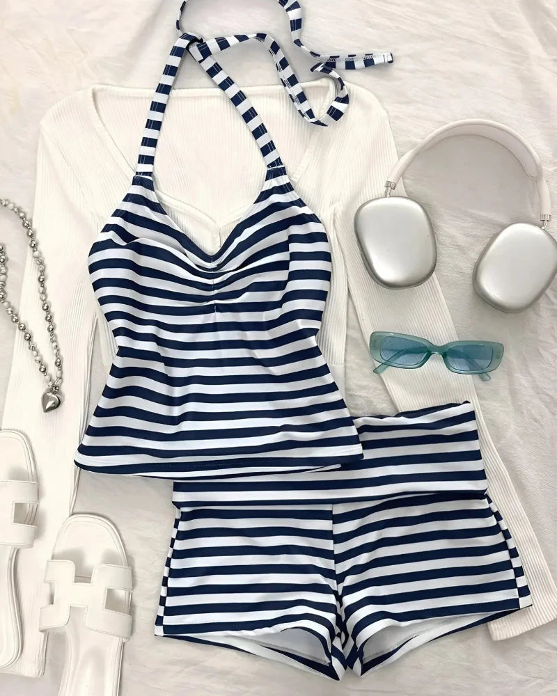 Striped Tankini – Halter Crop Top & Boyshorts Beach Vacation Sporty